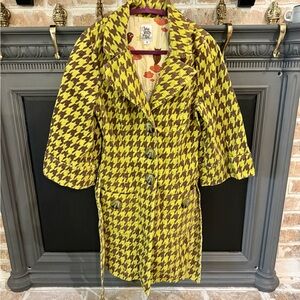 Ivy Jane Anthropologie Sz S Houndstooth Duster Coat Jacket Waist Tie Green